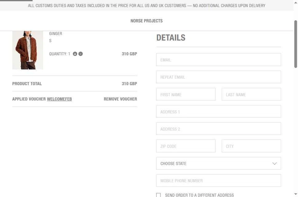 Norse Projects checkout page showing Norse Projects promo code box | Screenshot taken by SimplyCodes community member on Oct 13, 2025