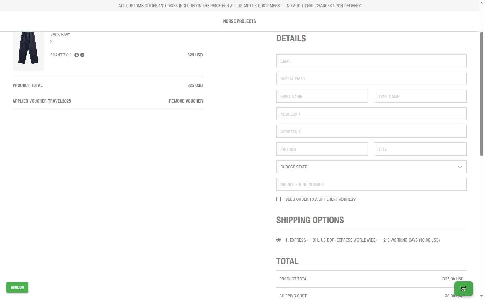 Norse Projects checkout page showing Norse Projects promo code box | Screenshot taken by SimplyCodes community member on Oct 28, 2025
