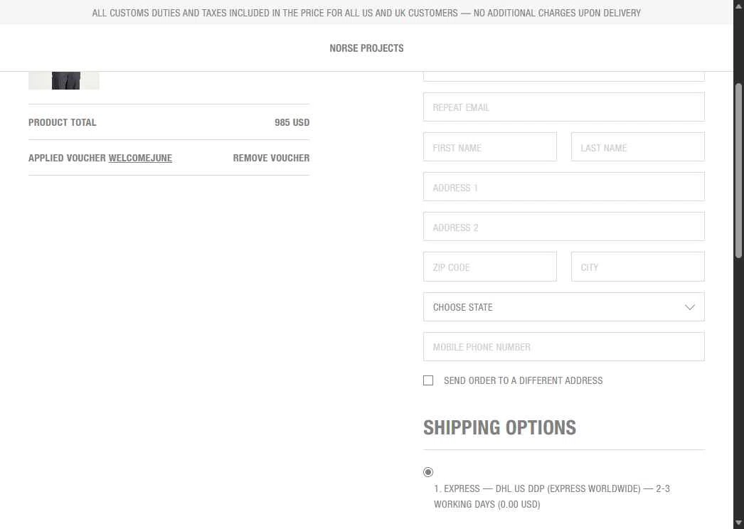 Norse Projects checkout page showing Norse Projects promo code box | Screenshot taken by SimplyCodes community member on Nov 5, 2025