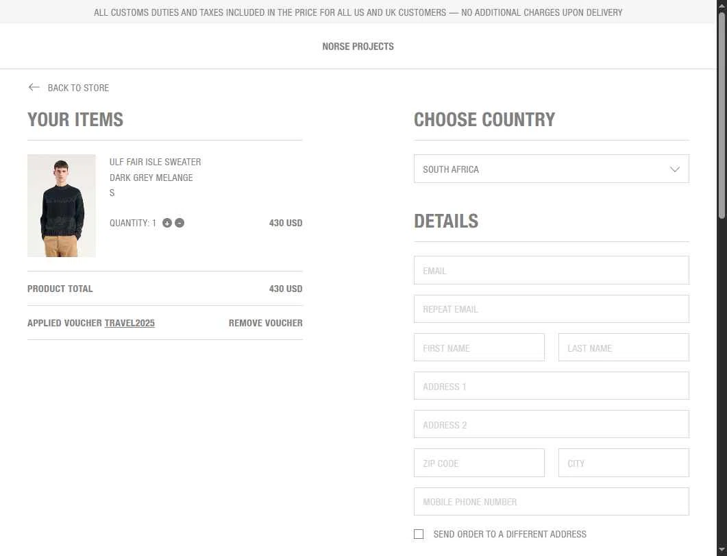 Norse Projects checkout page showing Norse Projects promo code box | Screenshot taken by SimplyCodes community member on Oct 28, 2025