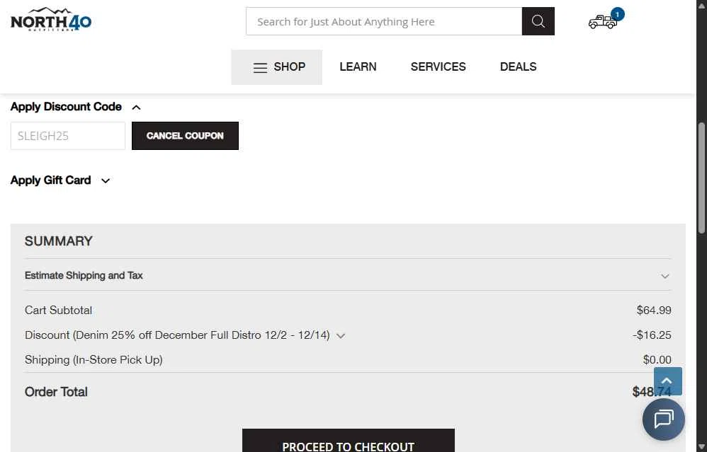 North 40 Outfitters checkout page showing North 40 Outfitters discount code box | Screenshot taken by SimplyCodes community member on Dec 8, 2025
