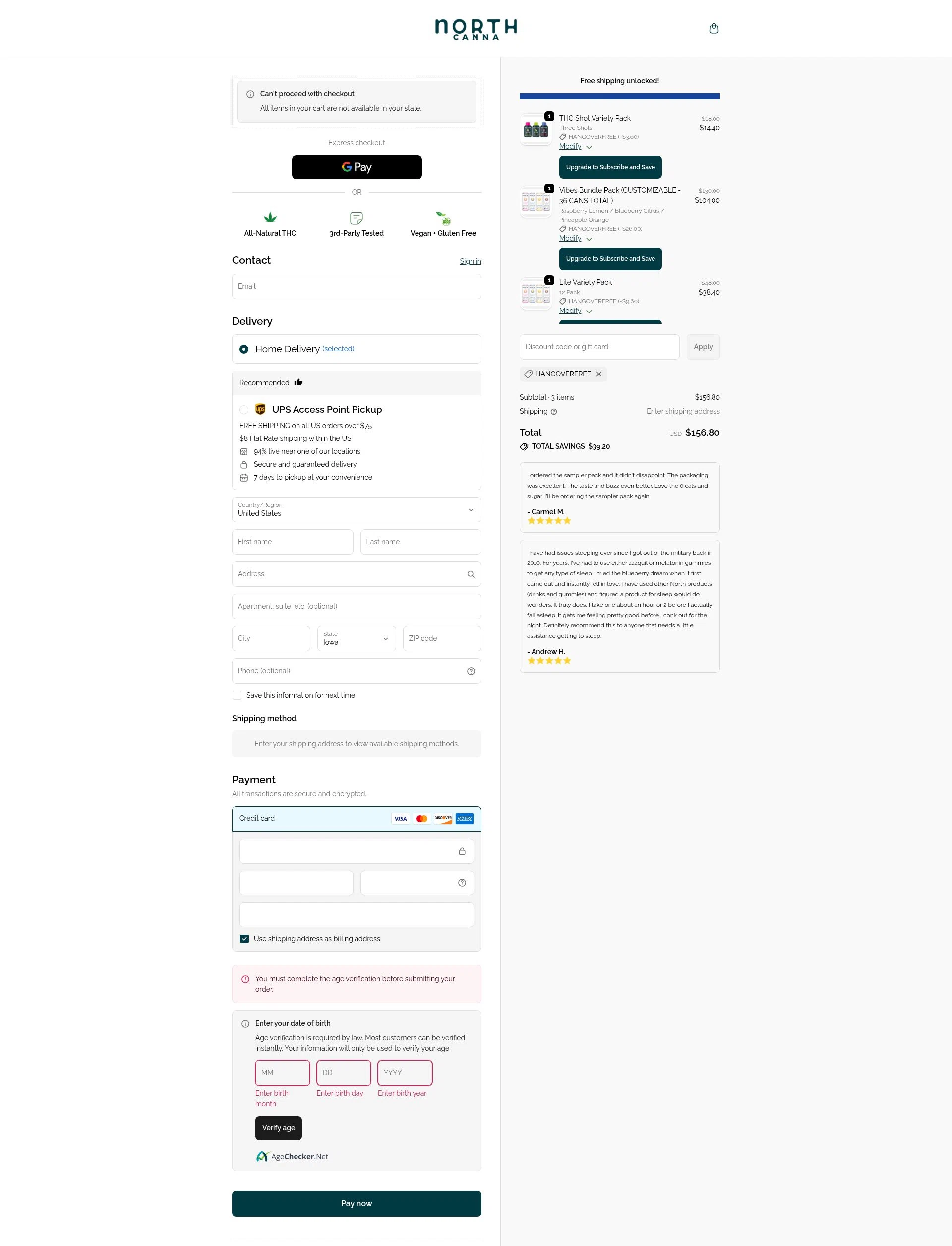 NORTH Canna checkout page showing NORTH Canna discount code box | Screenshot taken by SimplyCodes community member on Feb 5, 2026
