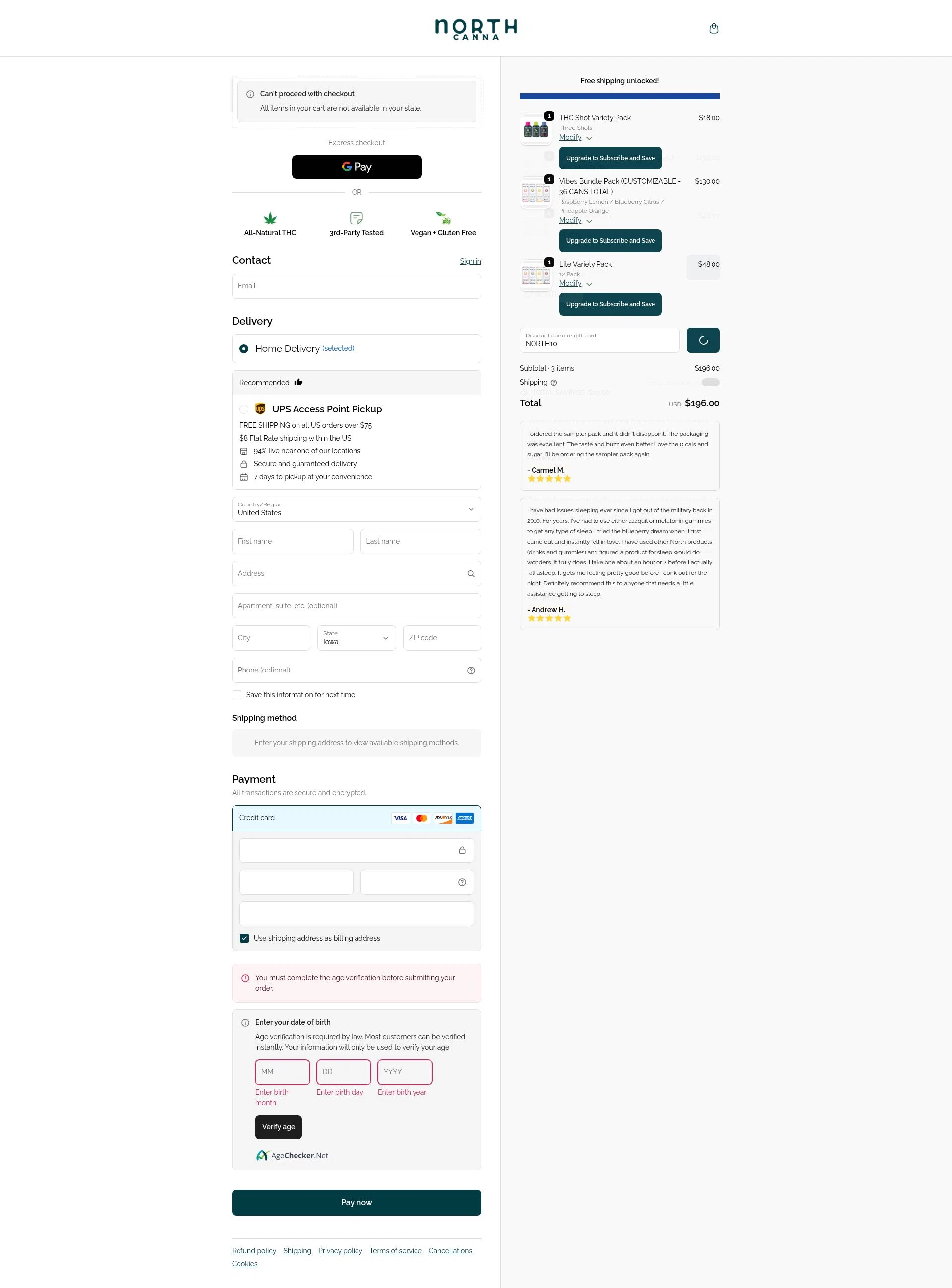 NORTH Canna checkout page showing NORTH Canna discount code box | Screenshot taken by SimplyCodes community member on Feb 9, 2026