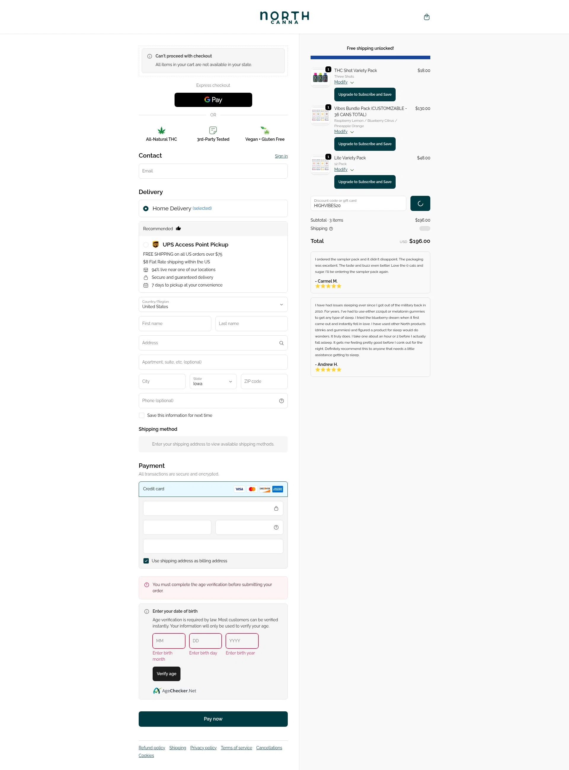 NORTH Canna checkout page showing NORTH Canna discount code box | Screenshot taken by SimplyCodes community member on Feb 9, 2026