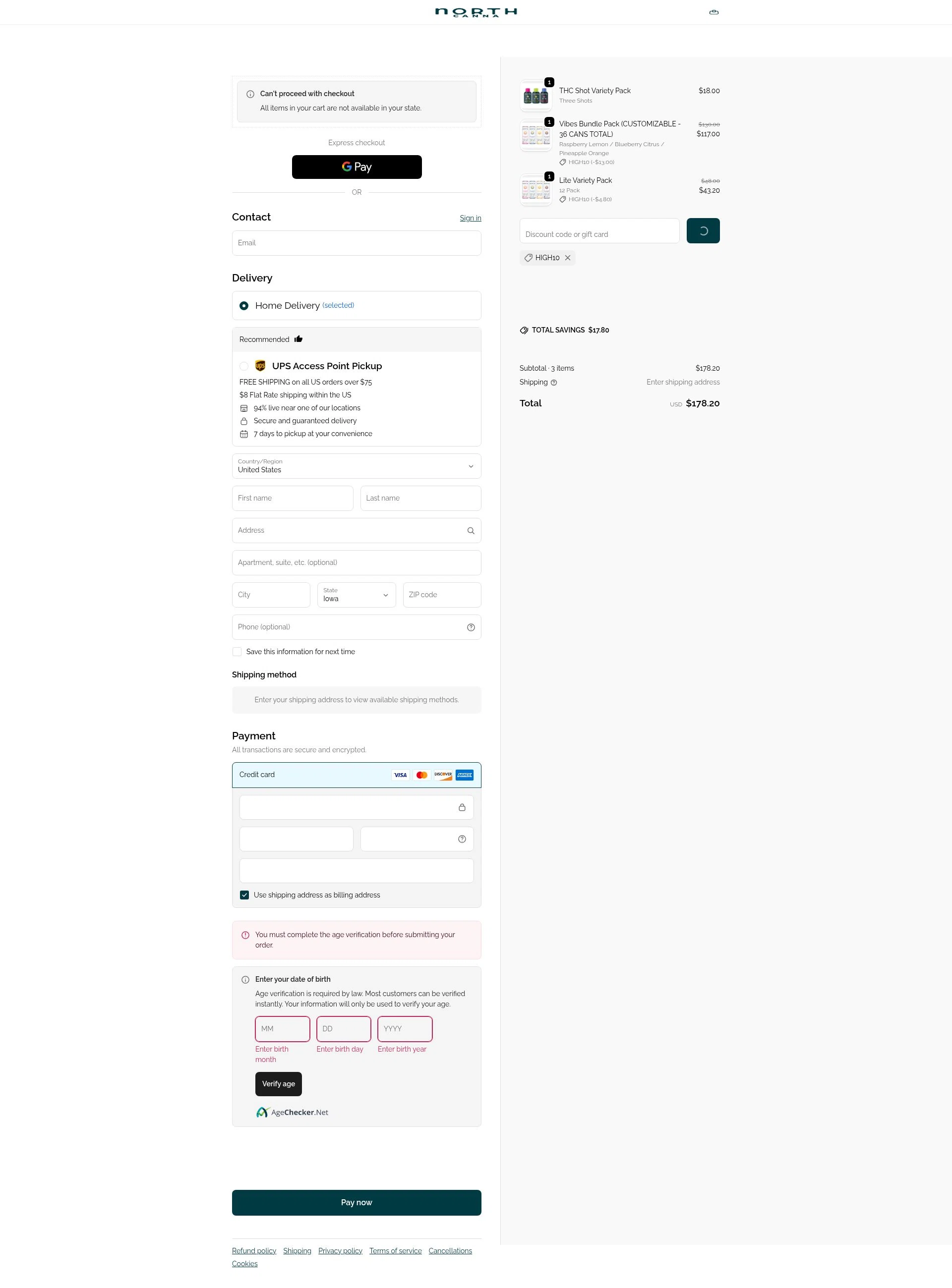 NORTH Canna checkout page showing NORTH Canna discount code box | Screenshot taken by SimplyCodes community member on Feb 9, 2026