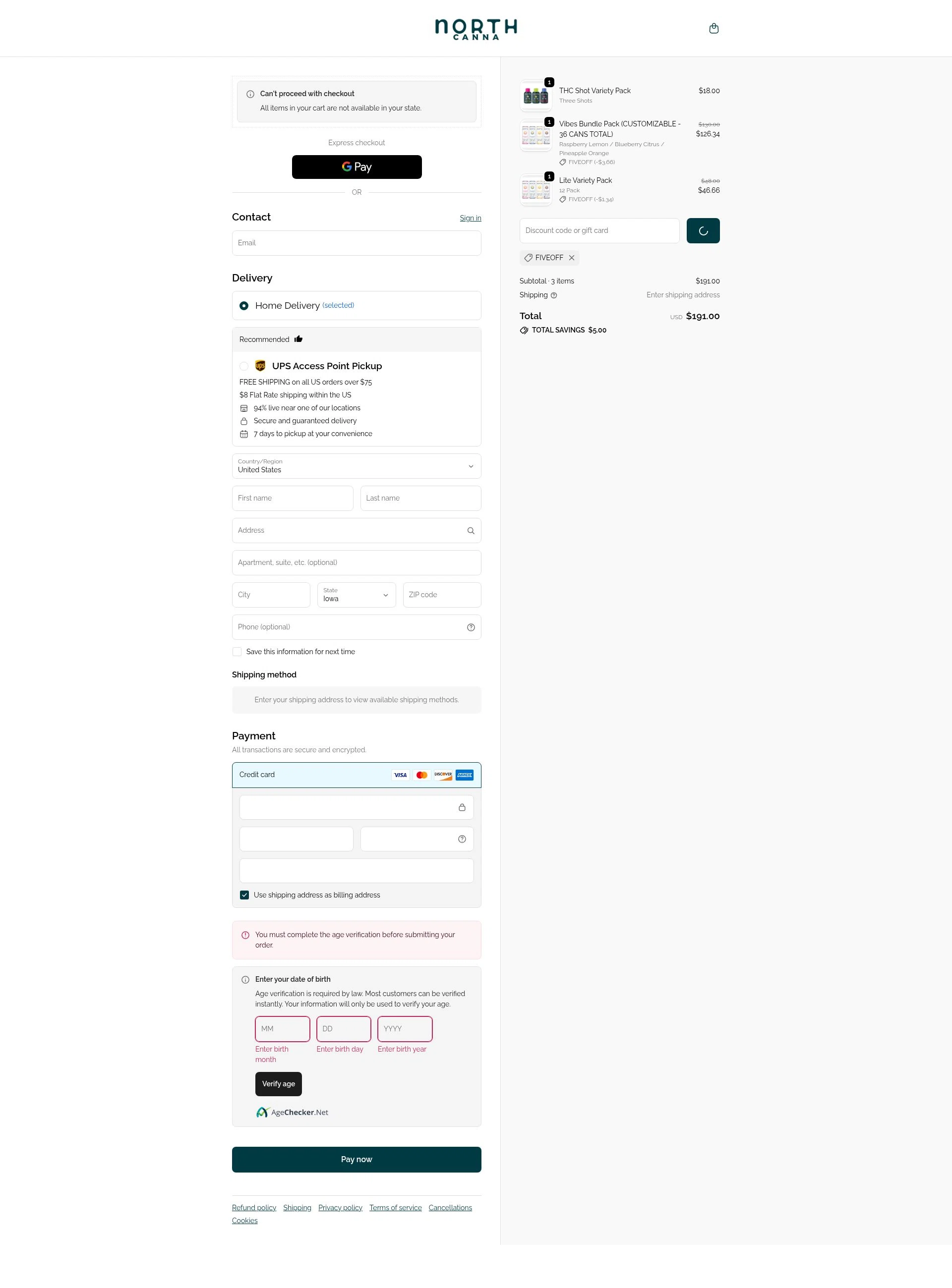 NORTH Canna checkout page showing NORTH Canna discount code box | Screenshot taken by SimplyCodes community member on Feb 9, 2026