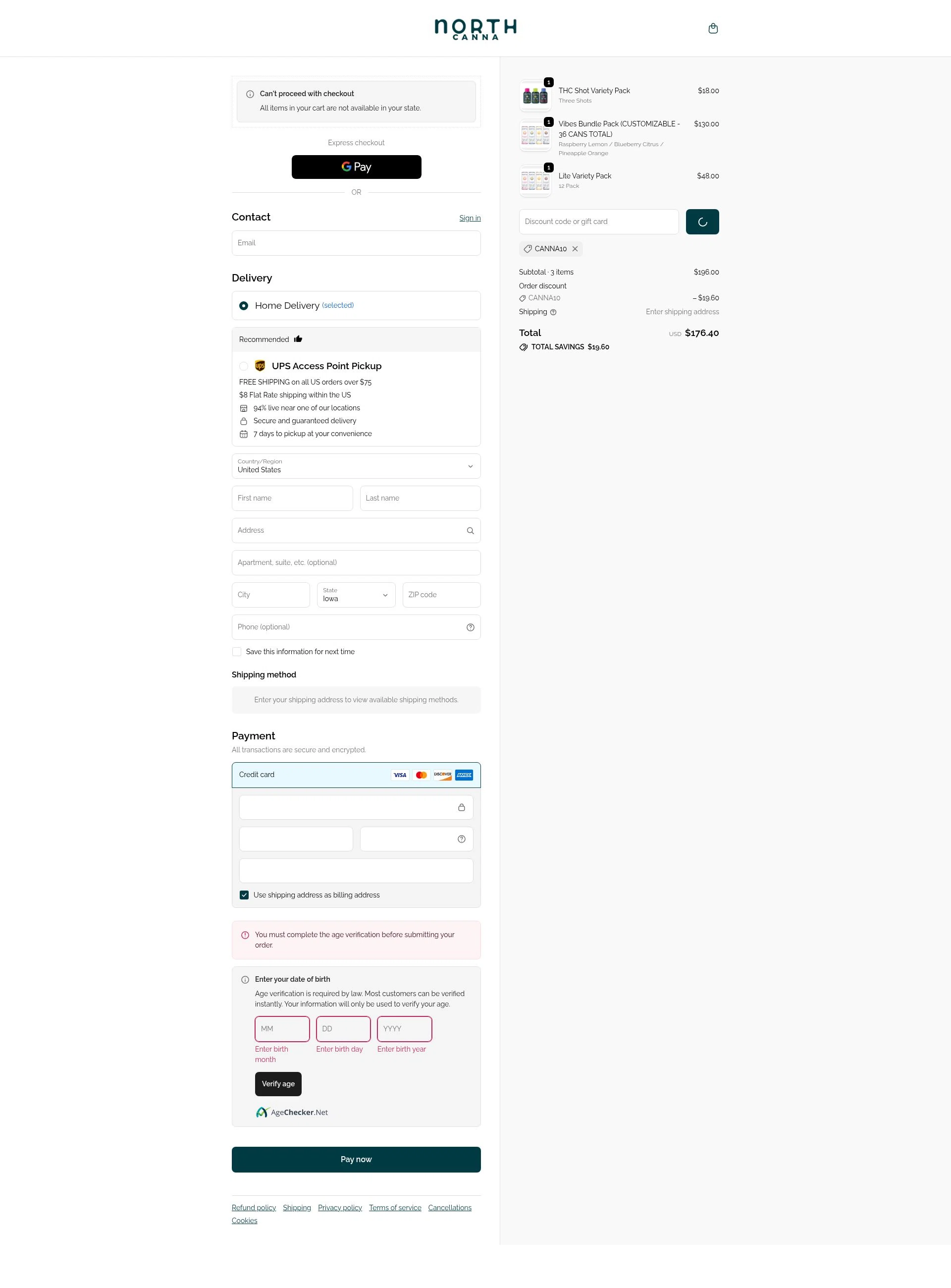 NORTH Canna checkout page showing NORTH Canna discount code box | Screenshot taken by SimplyCodes community member on Feb 9, 2026