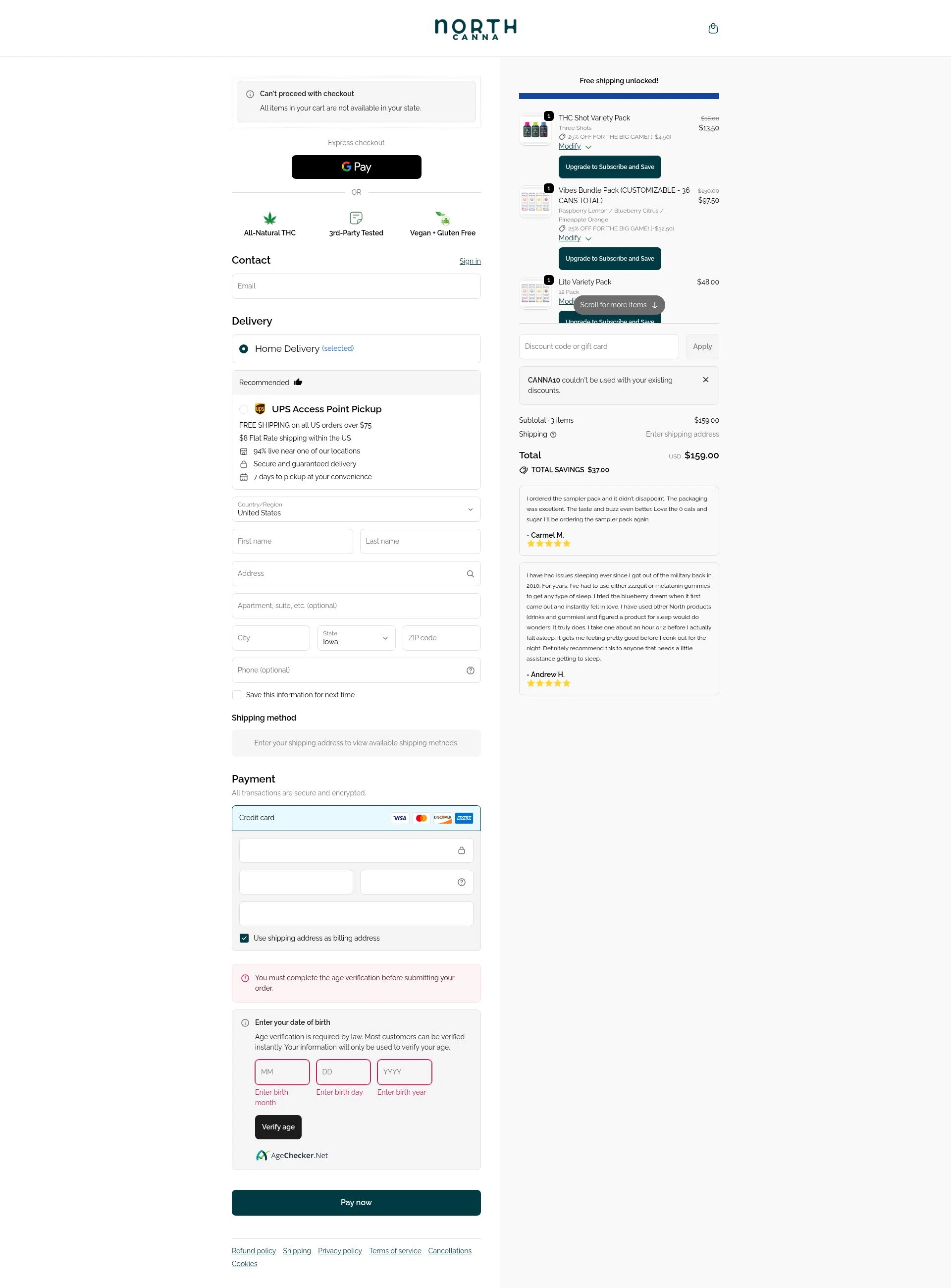 NORTH Canna checkout page showing NORTH Canna discount code box | Screenshot taken by SimplyCodes community member on Feb 5, 2026