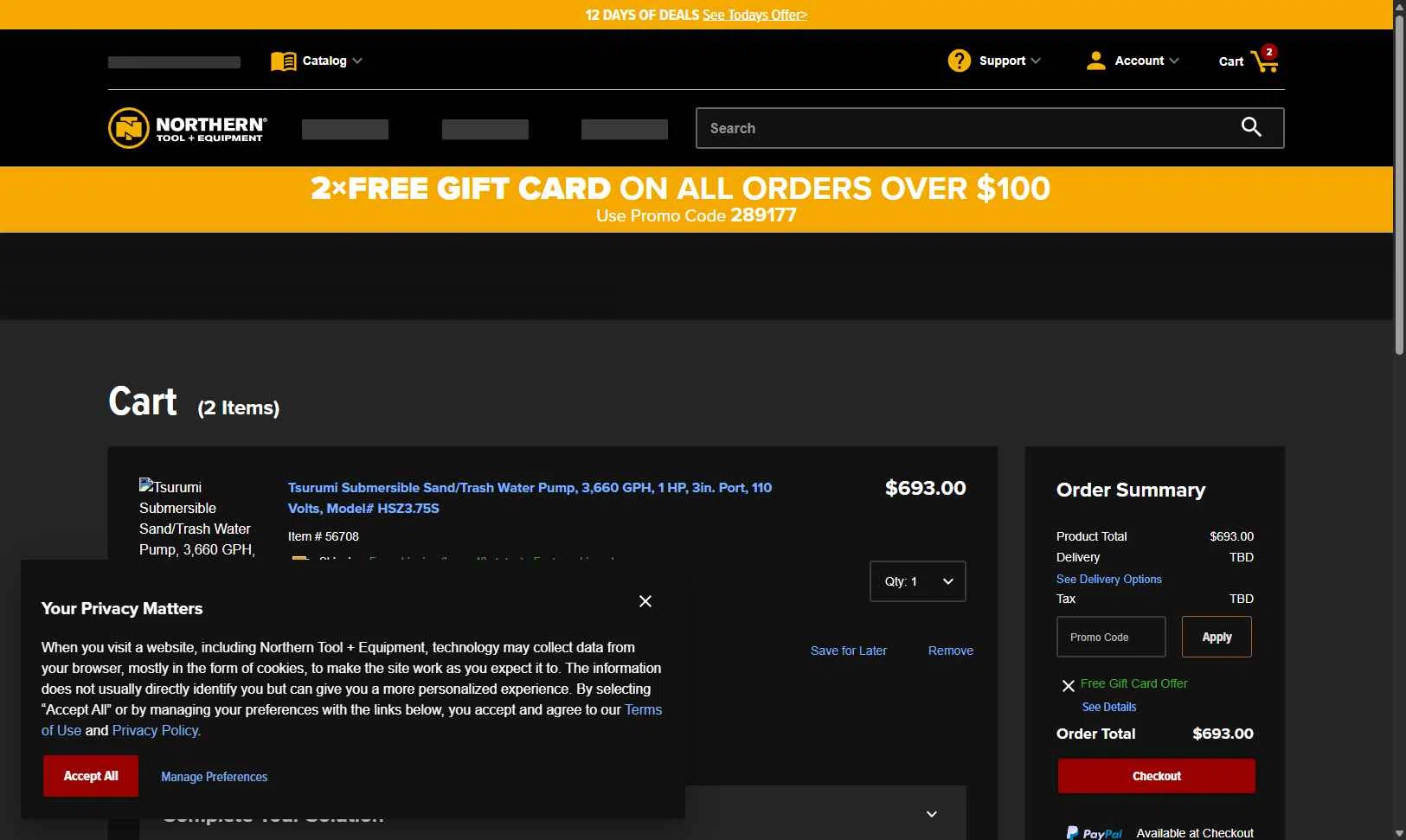 NorthernTool checkout page showing NorthernTool coupon code box | Screenshot taken by SimplyCodes community member on Dec 14, 2025