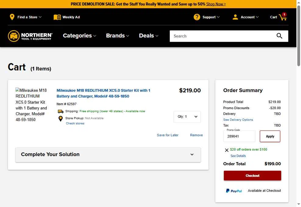 NorthernTool checkout page showing NorthernTool coupon code box | Screenshot taken by SimplyCodes community member on Jan 7, 2026
