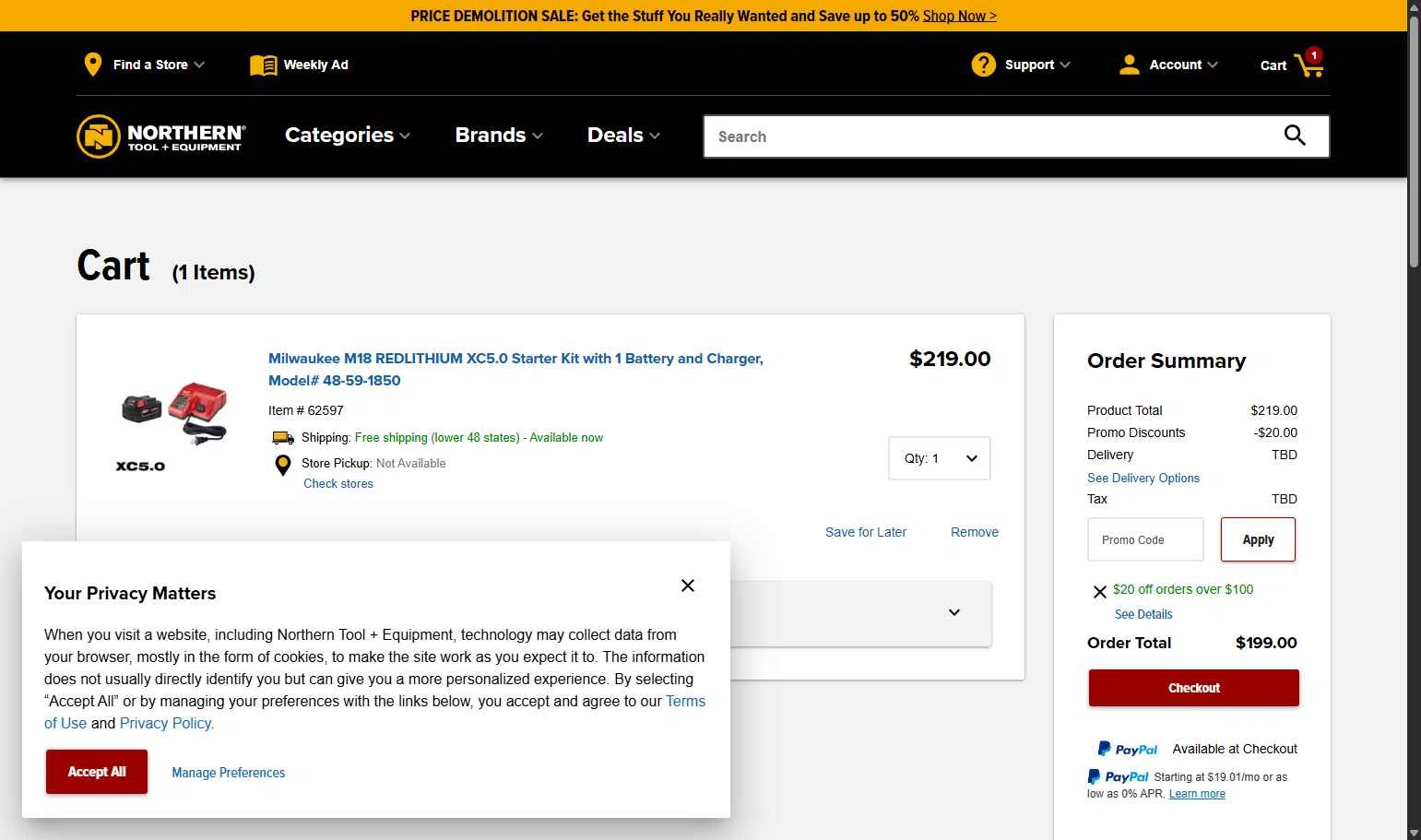 NorthernTool checkout page showing NorthernTool coupon code box | Screenshot taken by SimplyCodes community member on Jan 4, 2026