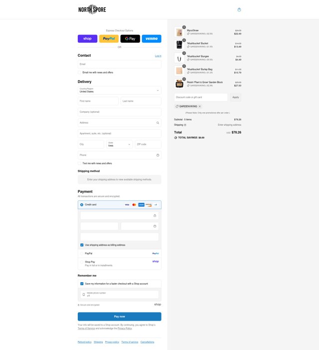 North Spore checkout page showing North Spore discount code box | Screenshot taken by SimplyCodes community member on Sep 4, 2025