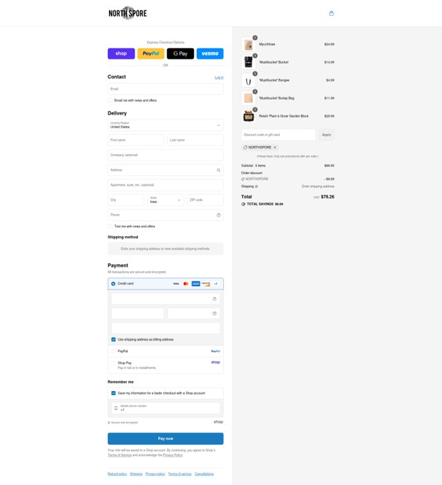 North Spore checkout page showing North Spore discount code box | Screenshot taken by SimplyCodes community member on Sep 4, 2025