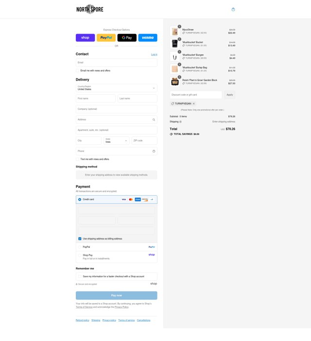 North Spore checkout page showing North Spore discount code box | Screenshot taken by SimplyCodes community member on Sep 4, 2025
