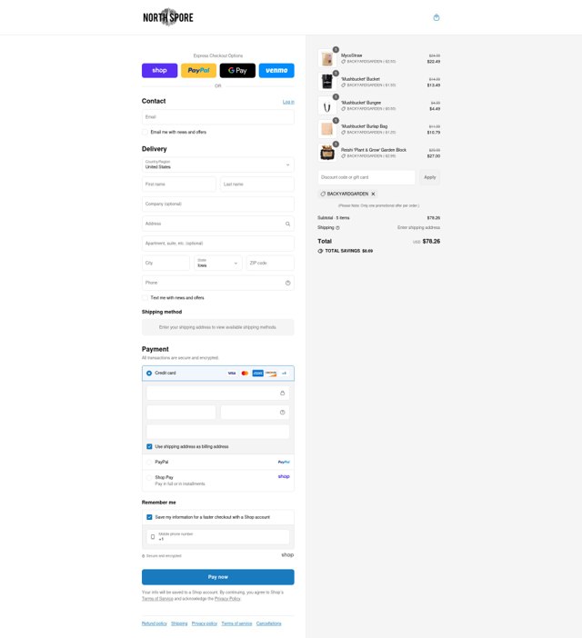 North Spore checkout page showing North Spore discount code box | Screenshot taken by SimplyCodes community member on Sep 4, 2025
