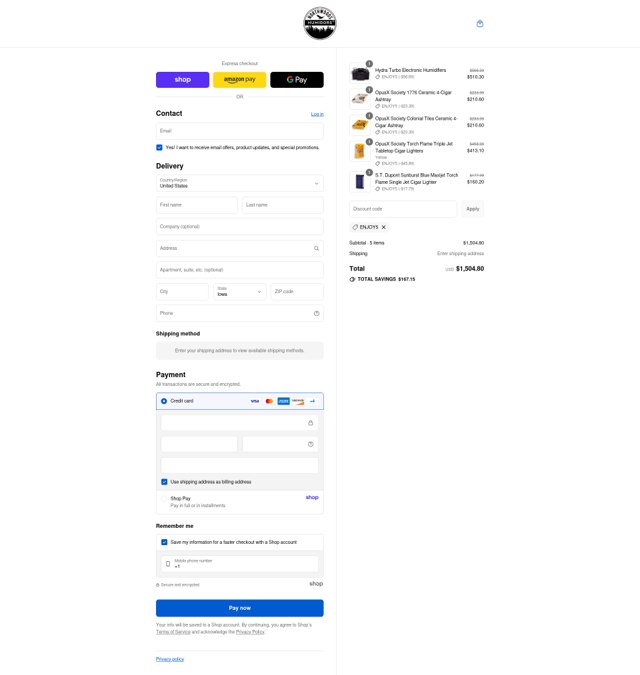 Northwoods Humidors checkout page showing Northwoods Humidors coupon code box | Screenshot taken by SimplyCodes community member on Sep 6, 2025