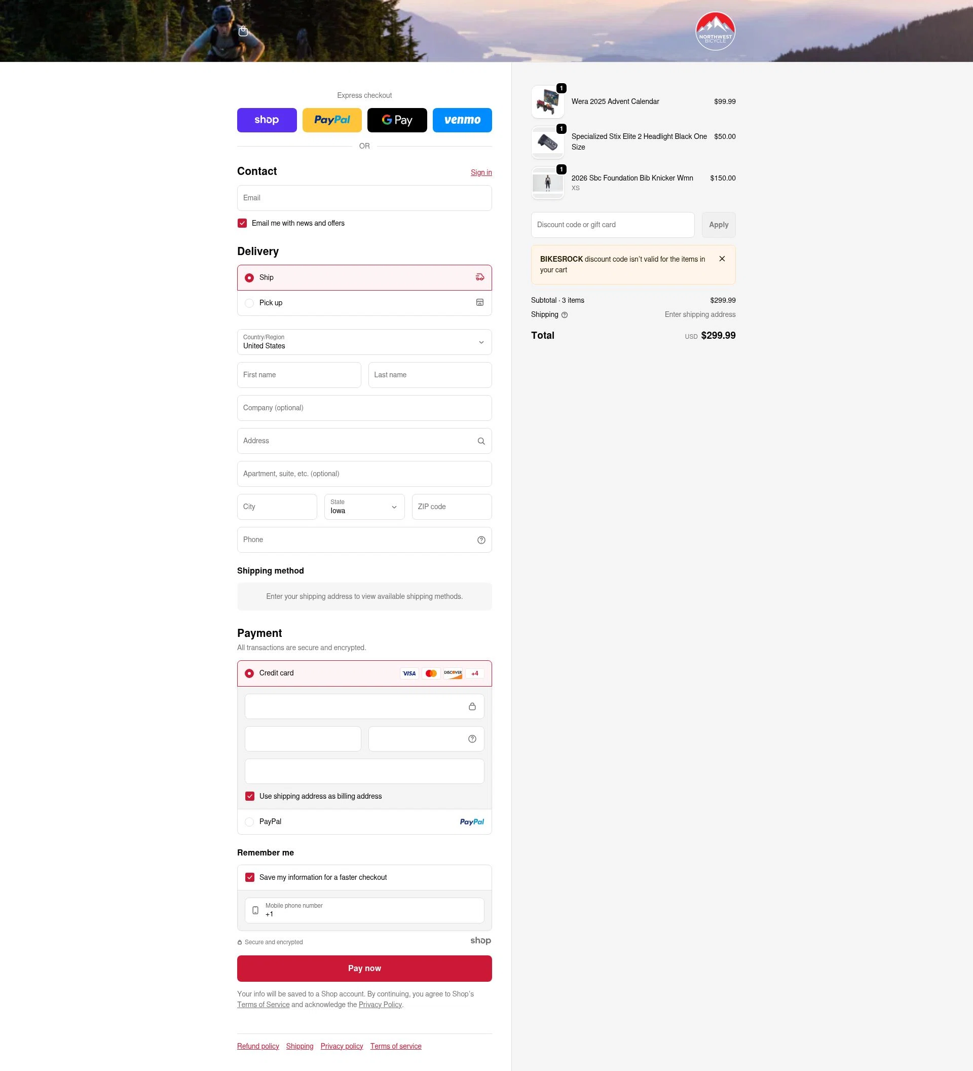 Northwest Bicycle checkout page showing Northwest Bicycle promo code box | Screenshot taken by SimplyCodes community member on Jan 1, 2026
