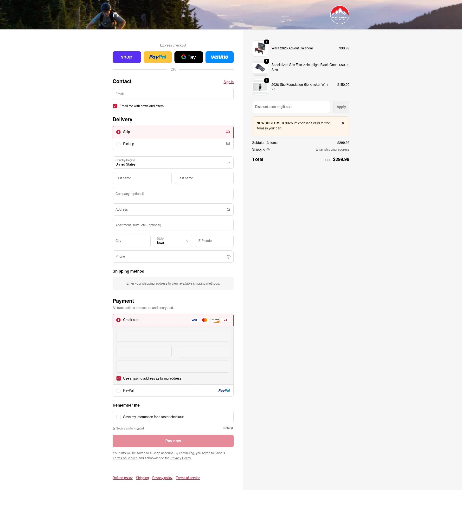 Northwest Bicycle checkout page showing Northwest Bicycle promo code box | Screenshot taken by SimplyCodes community member on Jan 1, 2026