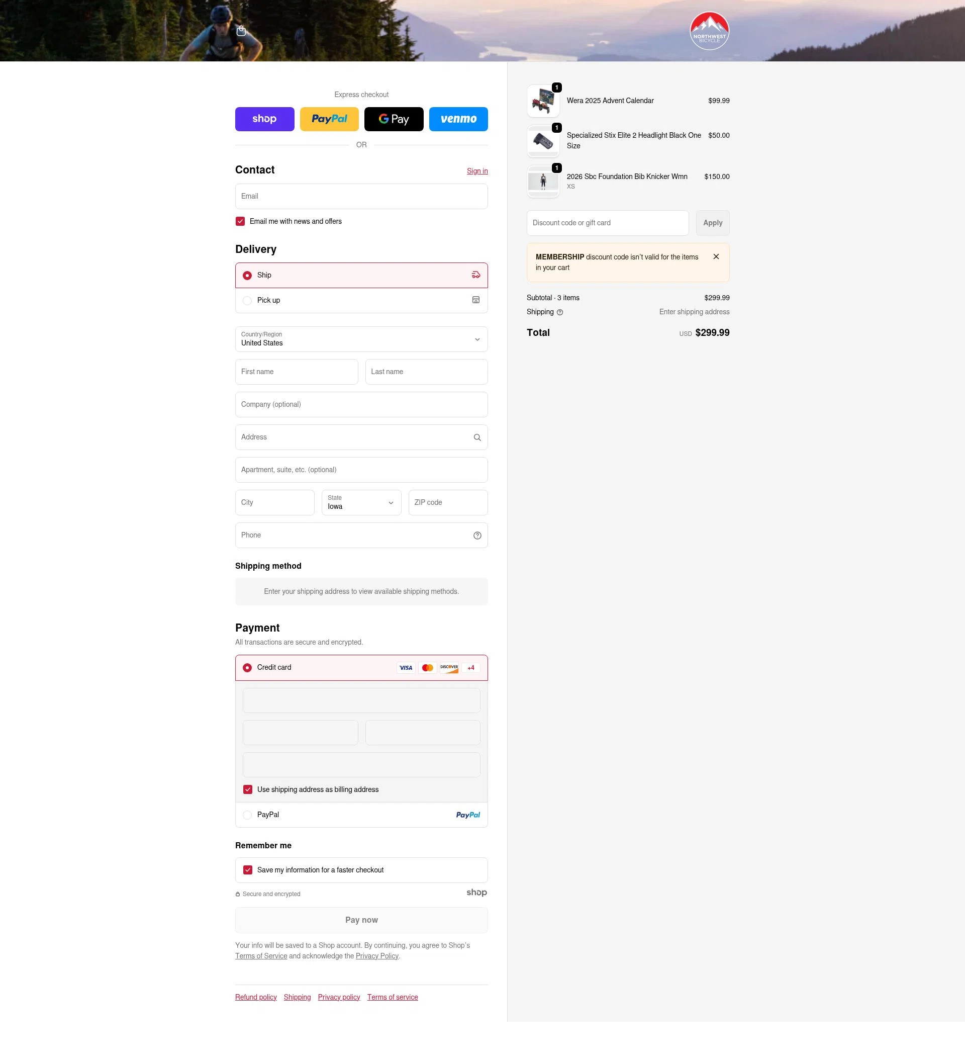 Northwest Bicycle checkout page showing Northwest Bicycle promo code box | Screenshot taken by SimplyCodes community member on Jan 1, 2026