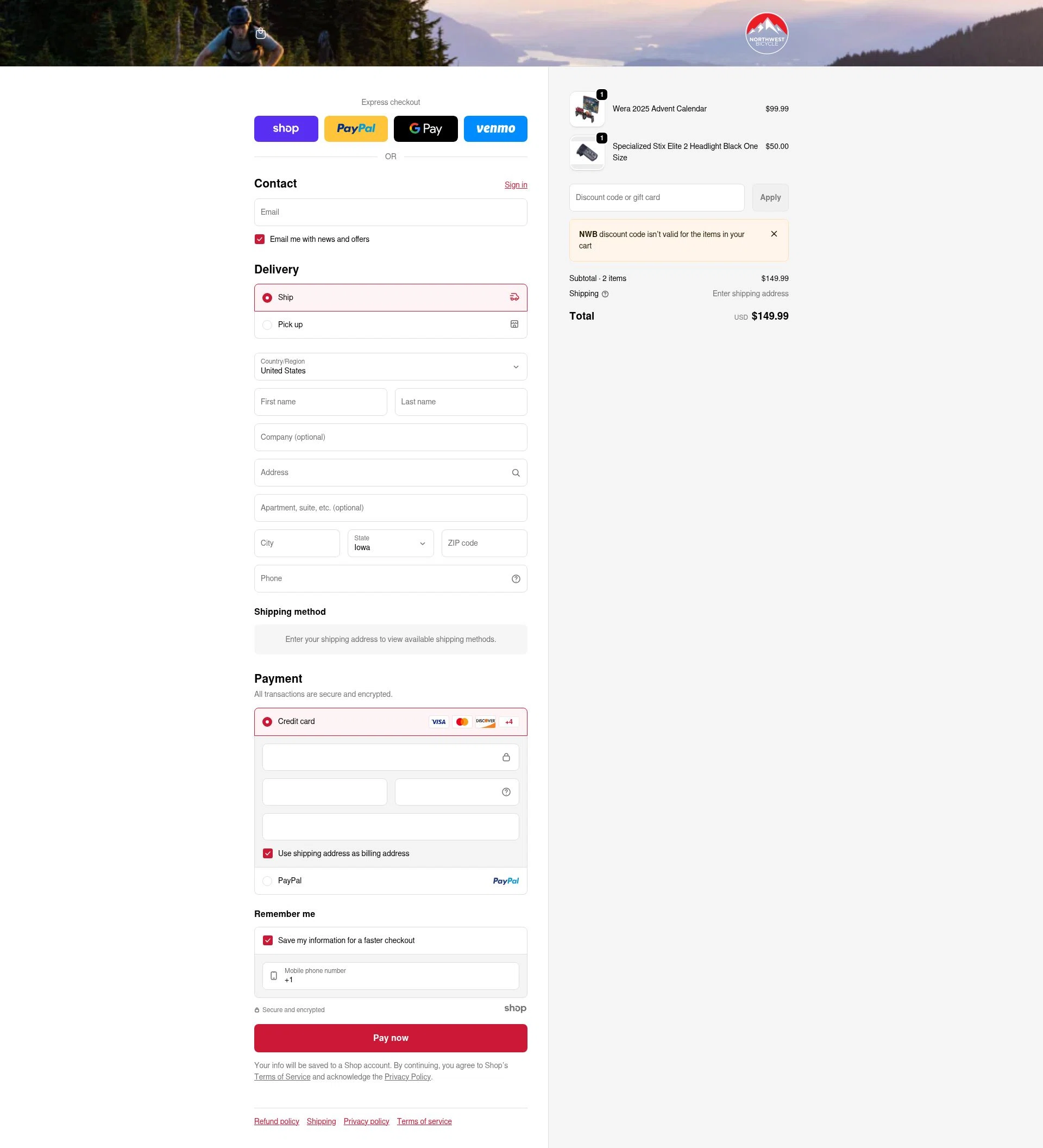 Northwest Bicycle checkout page showing Northwest Bicycle promo code box | Screenshot taken by SimplyCodes community member on Dec 27, 2025