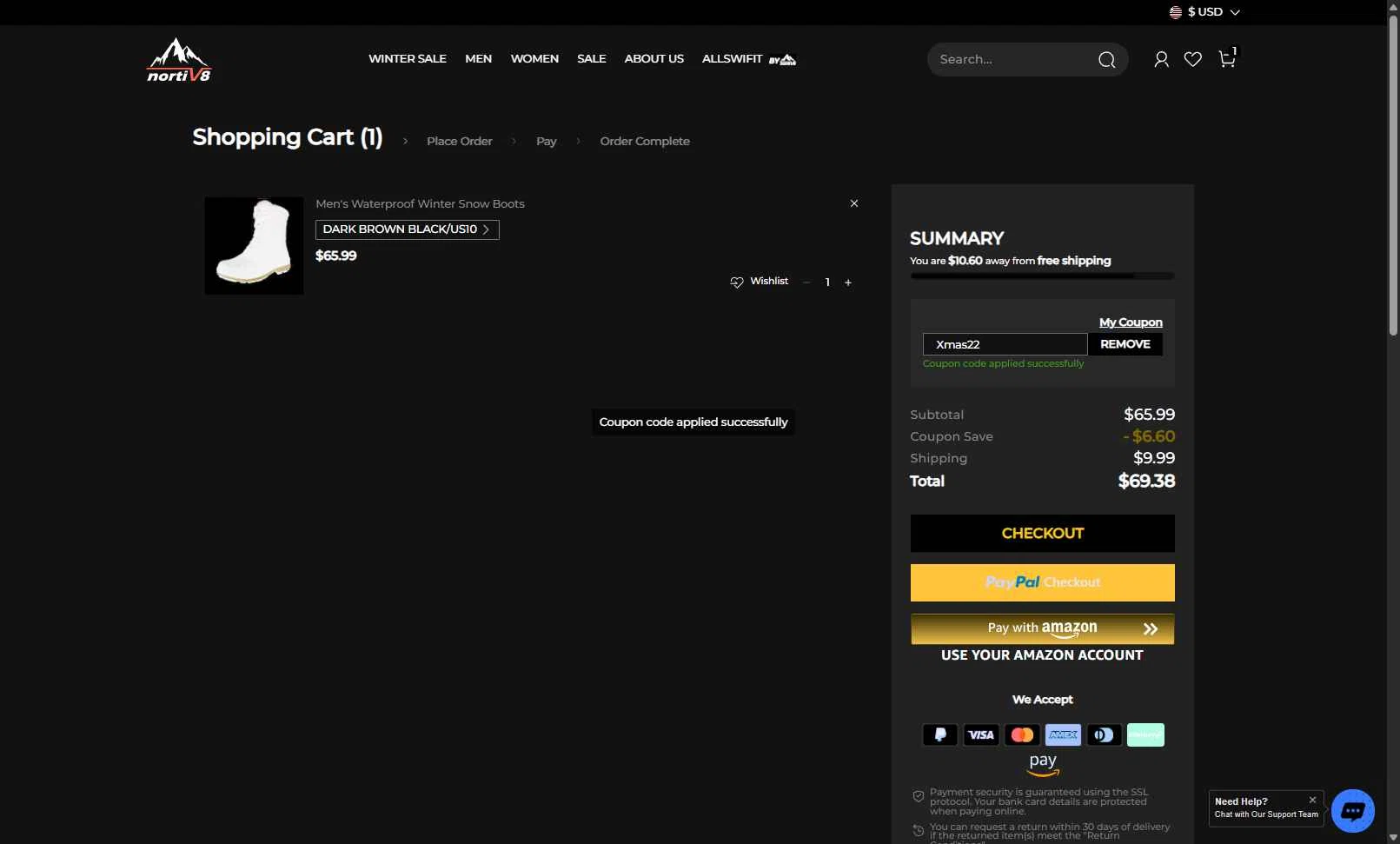 Nortiv8 checkout page showing Nortiv8 coupon code box | Screenshot taken by SimplyCodes community member on Dec 7, 2025