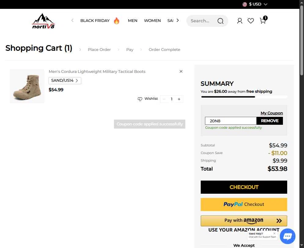 Nortiv8 checkout page showing Nortiv8 coupon code box | Screenshot taken by SimplyCodes community member on Nov 28, 2025