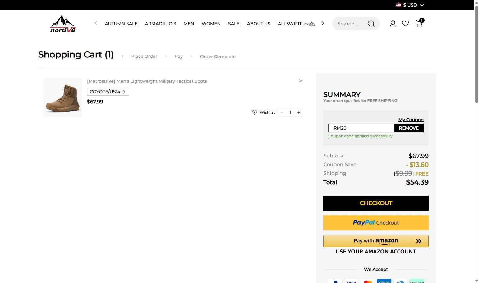 Nortiv8 checkout page showing Nortiv8 coupon code box | Screenshot taken by SimplyCodes community member on Oct 27, 2025