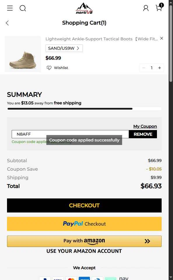 Nortiv8 checkout page showing Nortiv8 coupon code box | Screenshot taken by SimplyCodes community member on Oct 27, 2025