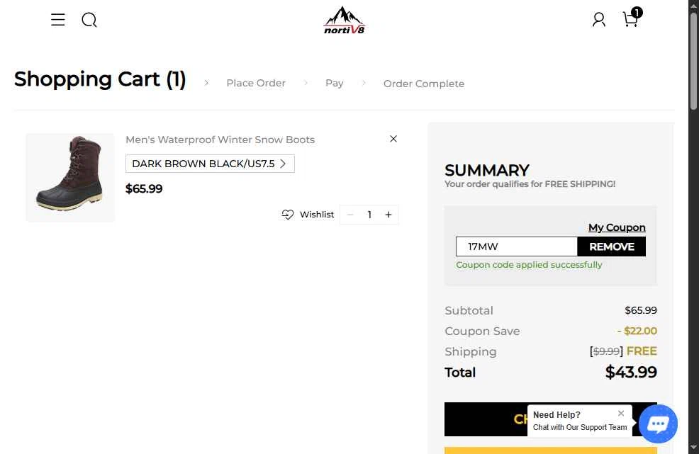 Nortiv8 checkout page showing Nortiv8 coupon code box | Screenshot taken by SimplyCodes community member on Dec 10, 2025