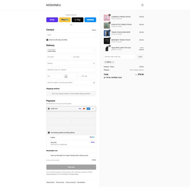 Noshinku checkout page showing Noshinku discount code box | Screenshot taken by SimplyCodes community member on Sep 15, 2025