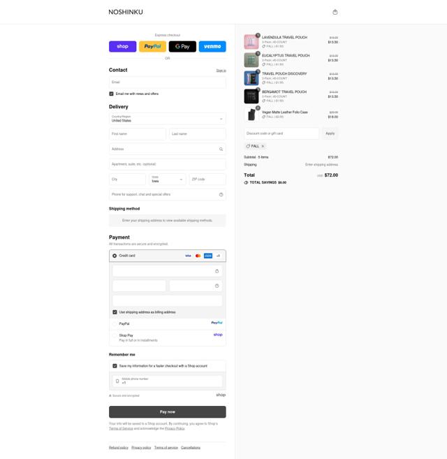 Noshinku checkout page showing Noshinku discount code box | Screenshot taken by SimplyCodes community member on Sep 15, 2025