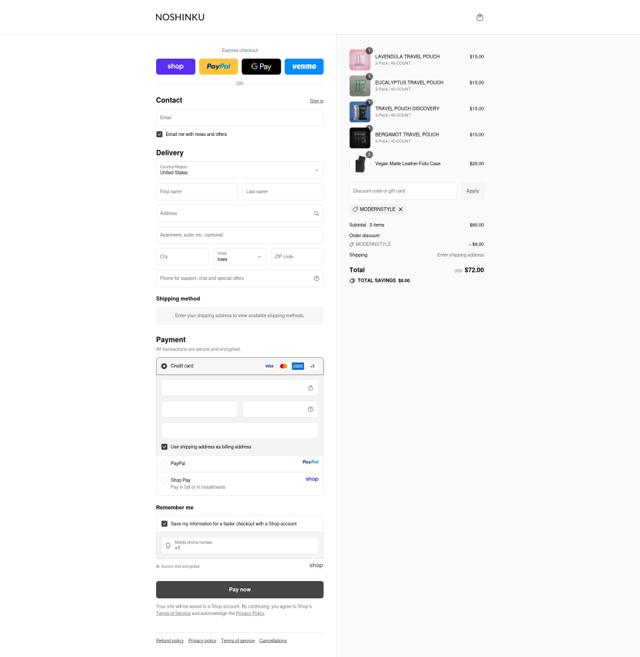 Noshinku checkout page showing Noshinku discount code box | Screenshot taken by SimplyCodes community member on Sep 15, 2025