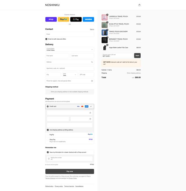 Noshinku checkout page showing Noshinku discount code box | Screenshot taken by SimplyCodes community member on Sep 15, 2025
