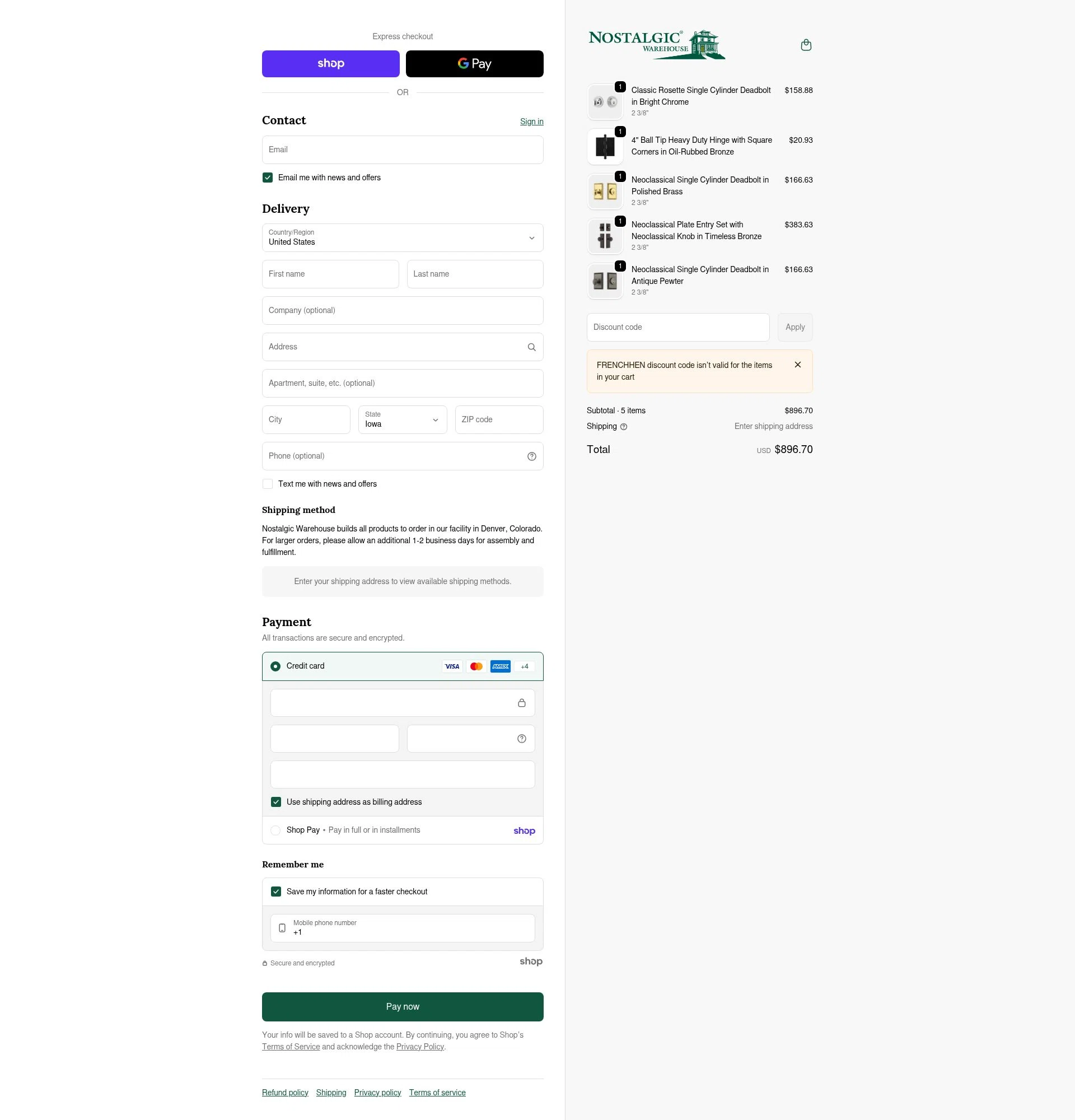 Nostalgic Warehouse checkout page showing Nostalgic Warehouse discount code box | Screenshot taken by SimplyCodes community member on Jan 26, 2026
