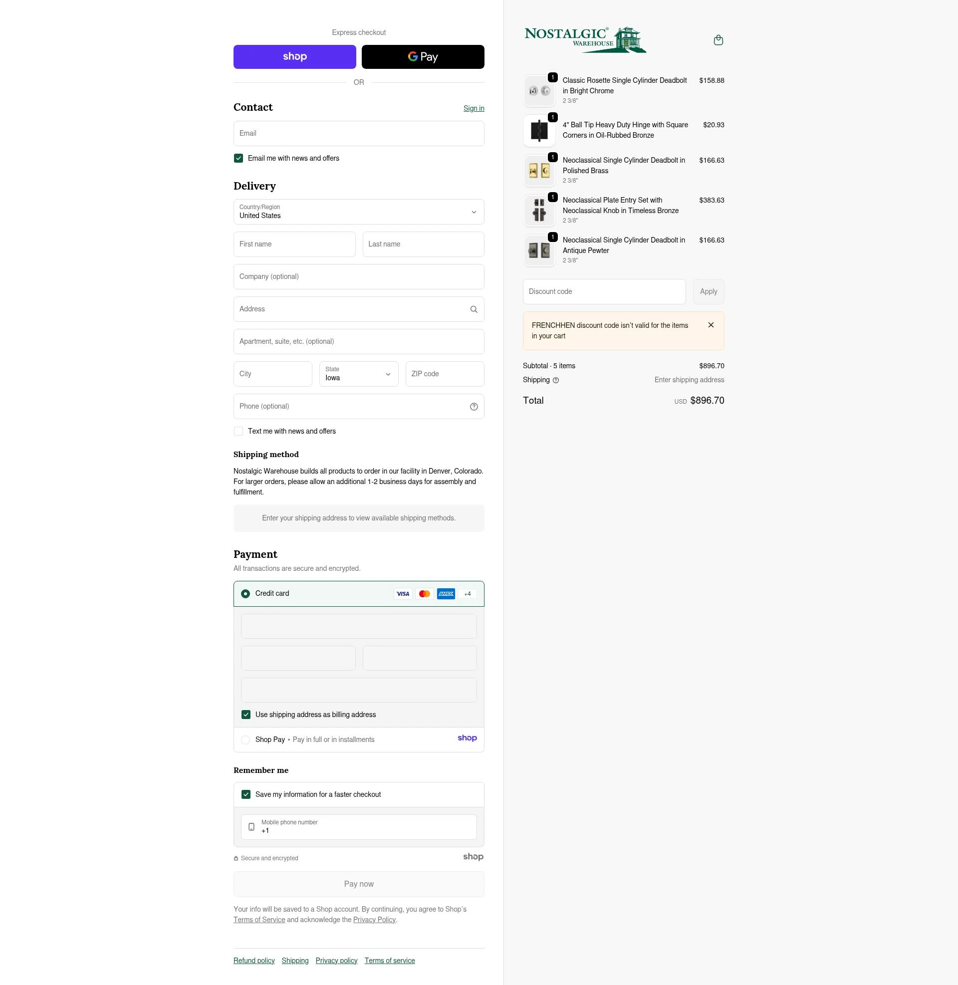 Nostalgic Warehouse checkout page showing Nostalgic Warehouse discount code box | Screenshot taken by SimplyCodes community member on Jan 17, 2026