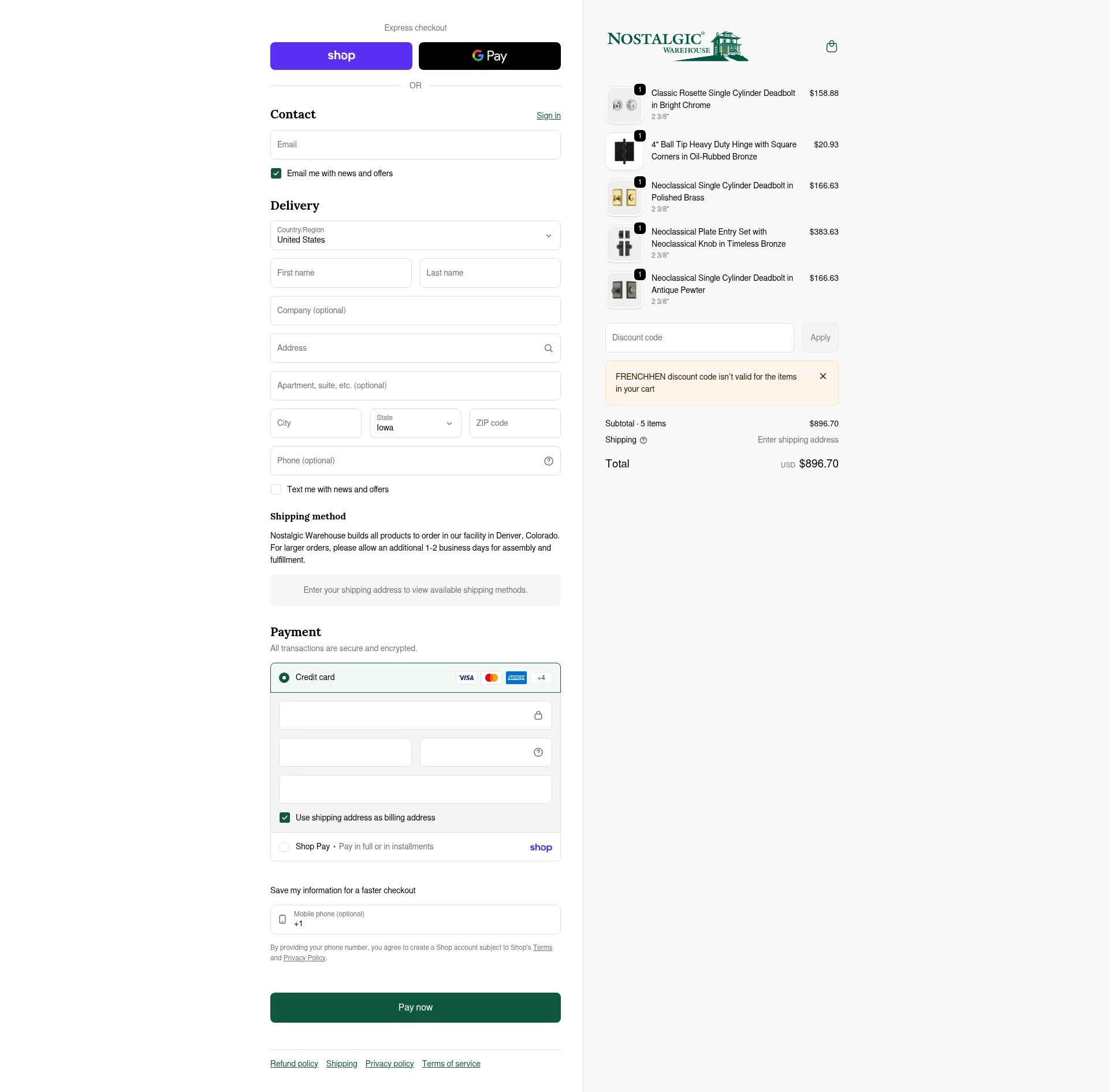Nostalgic Warehouse checkout page showing Nostalgic Warehouse discount code box | Screenshot taken by SimplyCodes community member on Jan 31, 2026