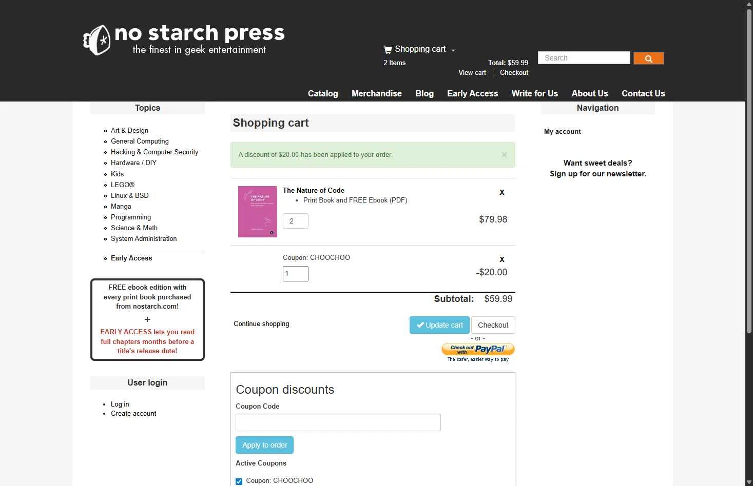 No Starch Press checkout page showing No Starch Press discount code box | Screenshot taken by SimplyCodes community member on Feb 17, 2026