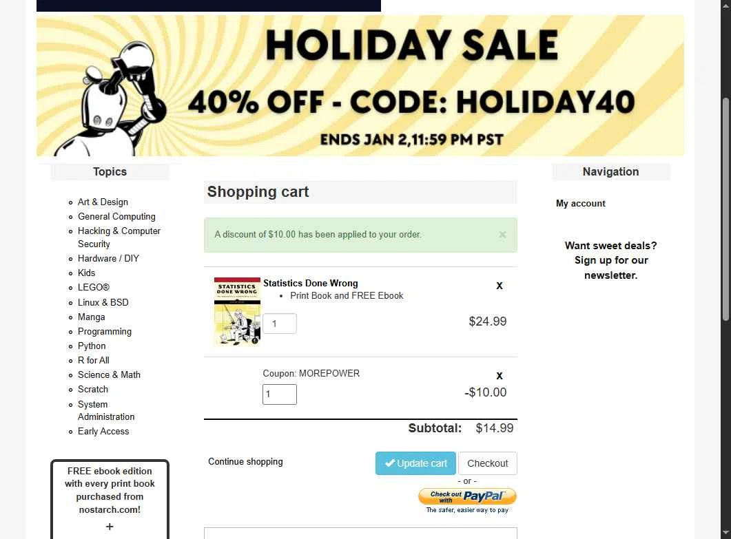 No Starch Press checkout page showing No Starch Press discount code box | Screenshot taken by SimplyCodes community member on Dec 21, 2025