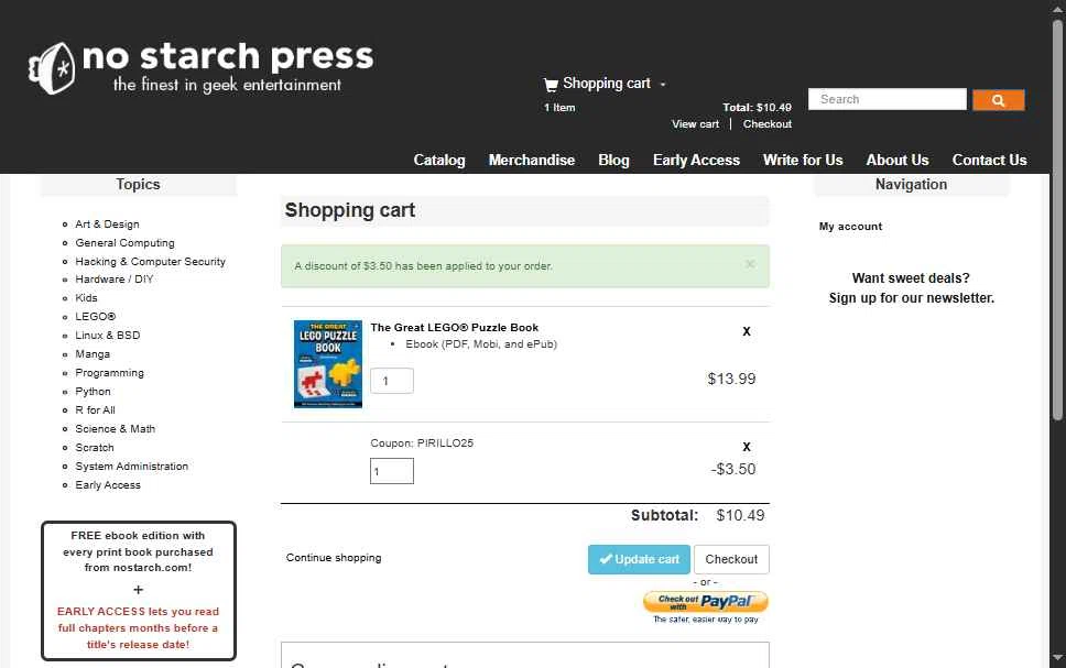 No Starch Press checkout page showing No Starch Press discount code box | Screenshot taken by SimplyCodes community member on Nov 6, 2025