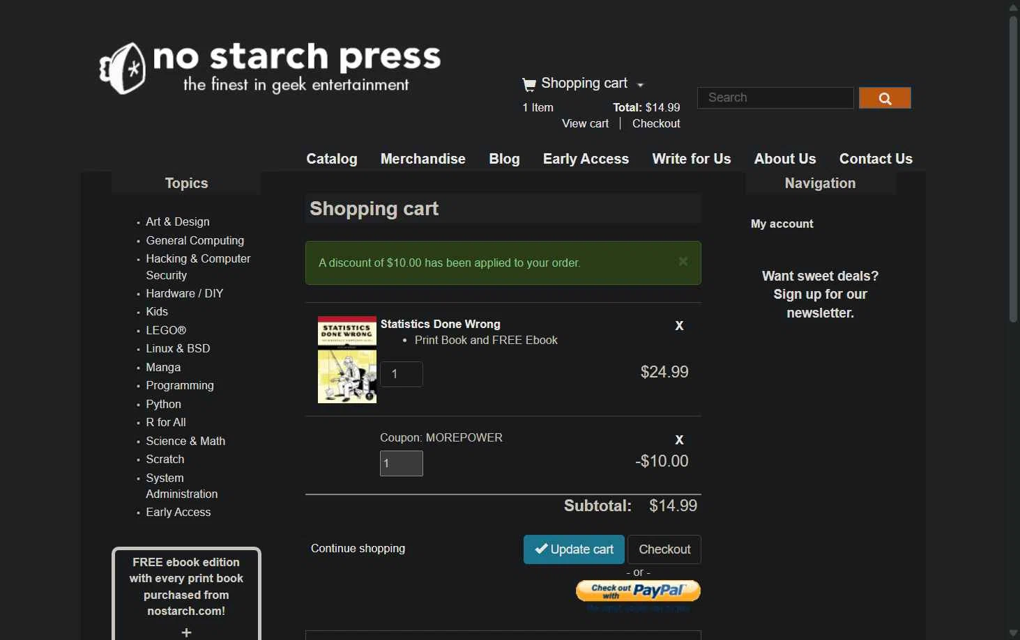 No Starch Press checkout page showing No Starch Press discount code box | Screenshot taken by SimplyCodes community member on Nov 22, 2025