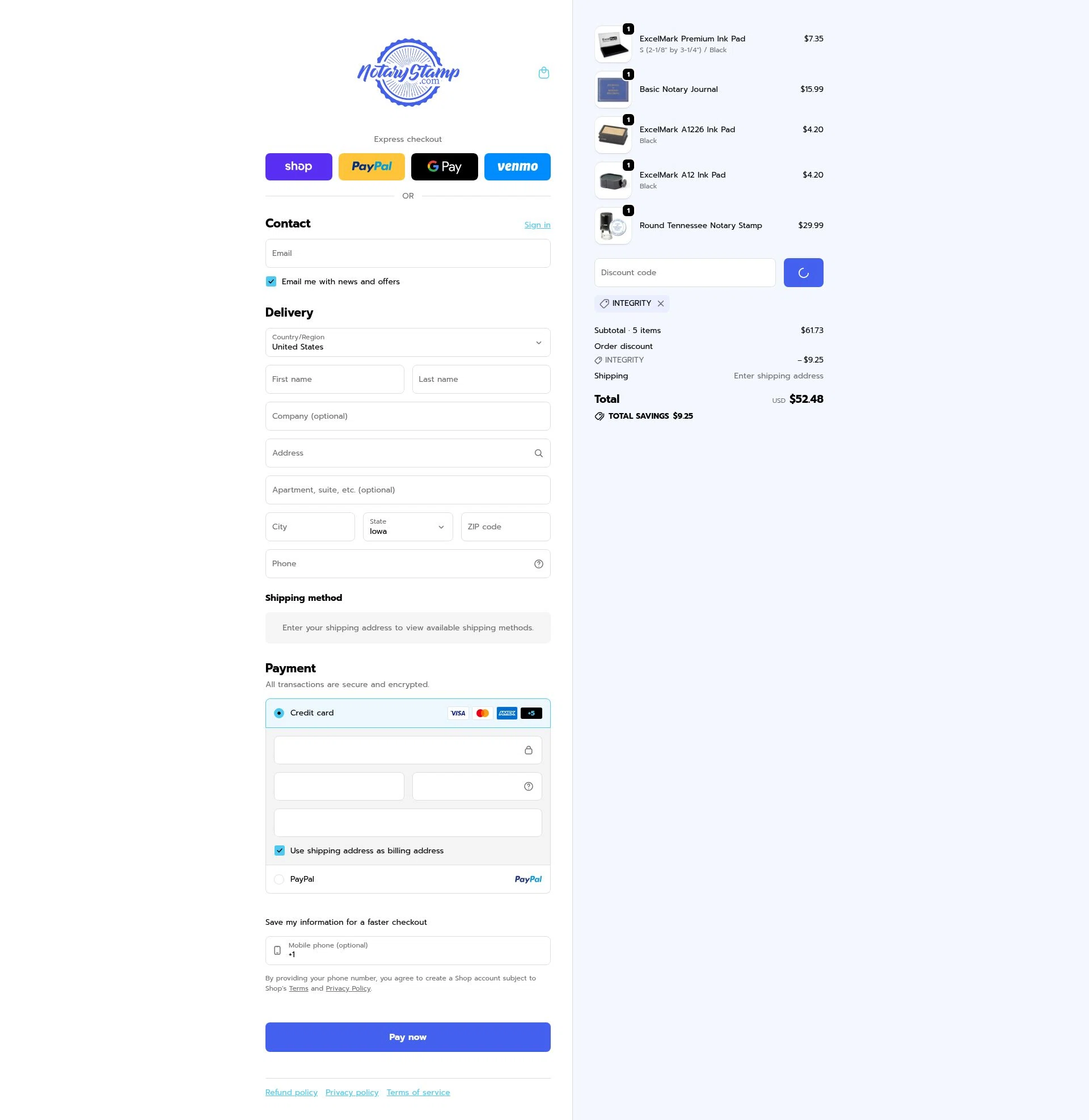 Notary Stamps checkout page showing Notary Stamps promo code box | Screenshot taken by SimplyCodes community member on Feb 7, 2026