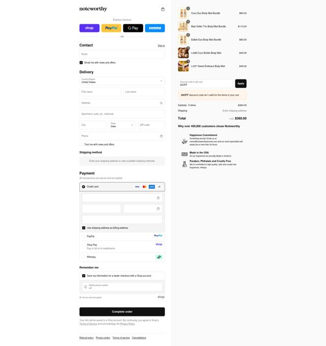 Noteworthy Scents checkout page showing Noteworthy Scents coupon code box | Screenshot taken by SimplyCodes community member on Sep 12, 2025