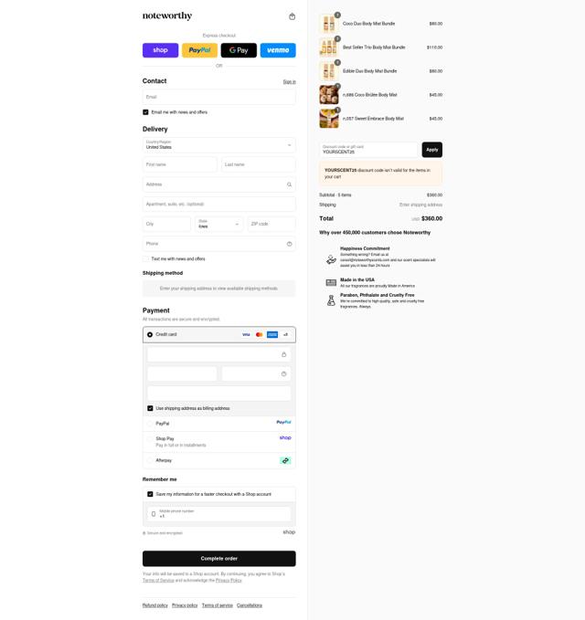 Noteworthy Scents checkout page showing Noteworthy Scents coupon code box | Screenshot taken by SimplyCodes community member on Sep 12, 2025