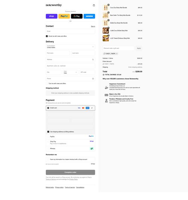 Noteworthy Scents checkout page showing Noteworthy Scents coupon code box | Screenshot taken by SimplyCodes community member on Sep 12, 2025