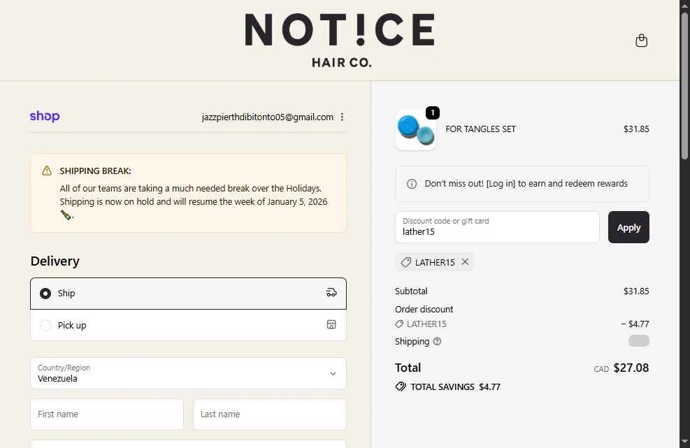 NOTICE Hair Co. checkout page showing NOTICE Hair Co. promo code box | Screenshot taken by SimplyCodes community member on Dec 29, 2025