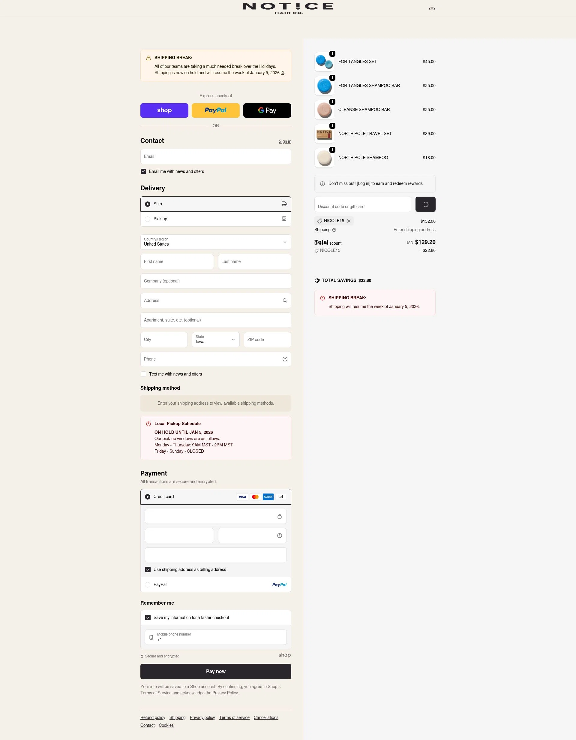 NOTICE Hair Co. checkout page showing NOTICE Hair Co. promo code box | Screenshot taken by SimplyCodes community member on Dec 24, 2025