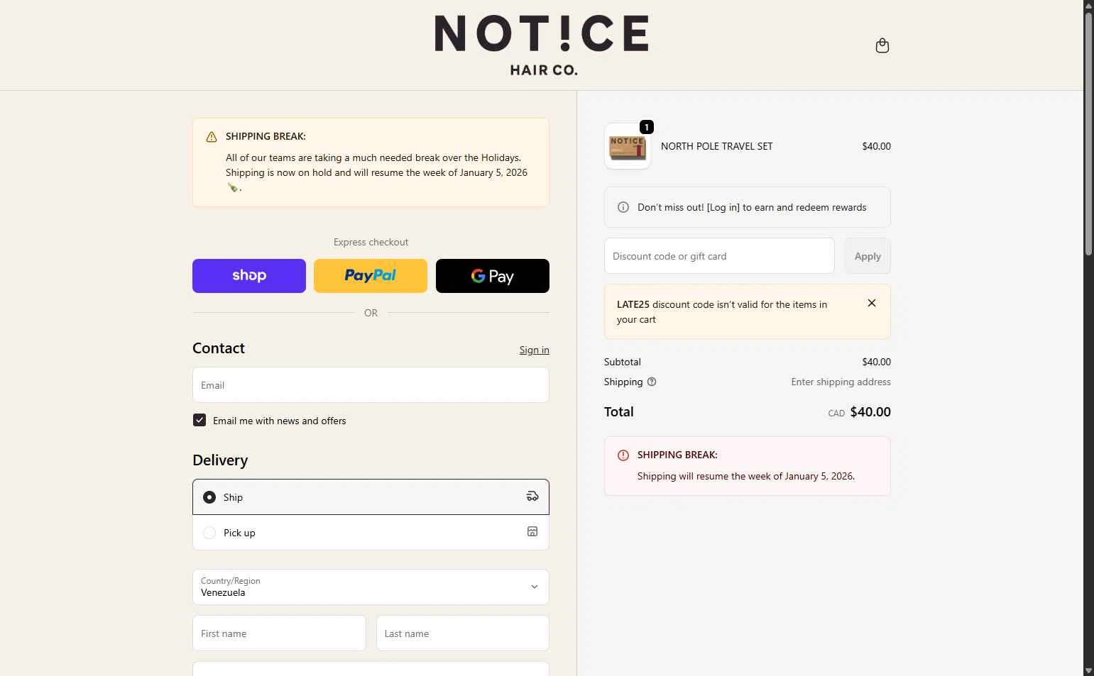 NOTICE Hair Co. checkout page showing NOTICE Hair Co. promo code box | Screenshot taken by SimplyCodes community member on Dec 24, 2025