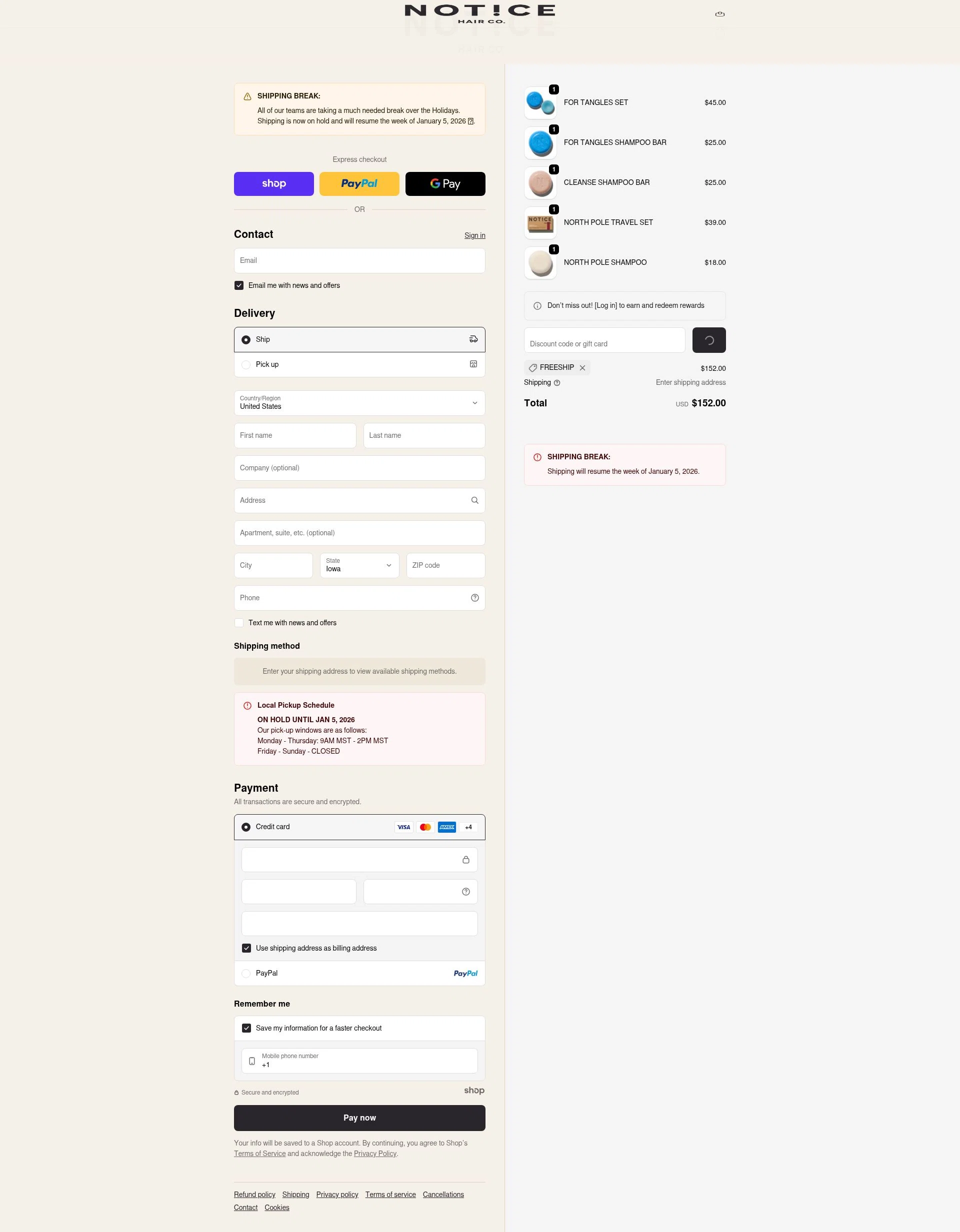 NOTICE Hair Co. checkout page showing NOTICE Hair Co. promo code box | Screenshot taken by SimplyCodes community member on Dec 24, 2025