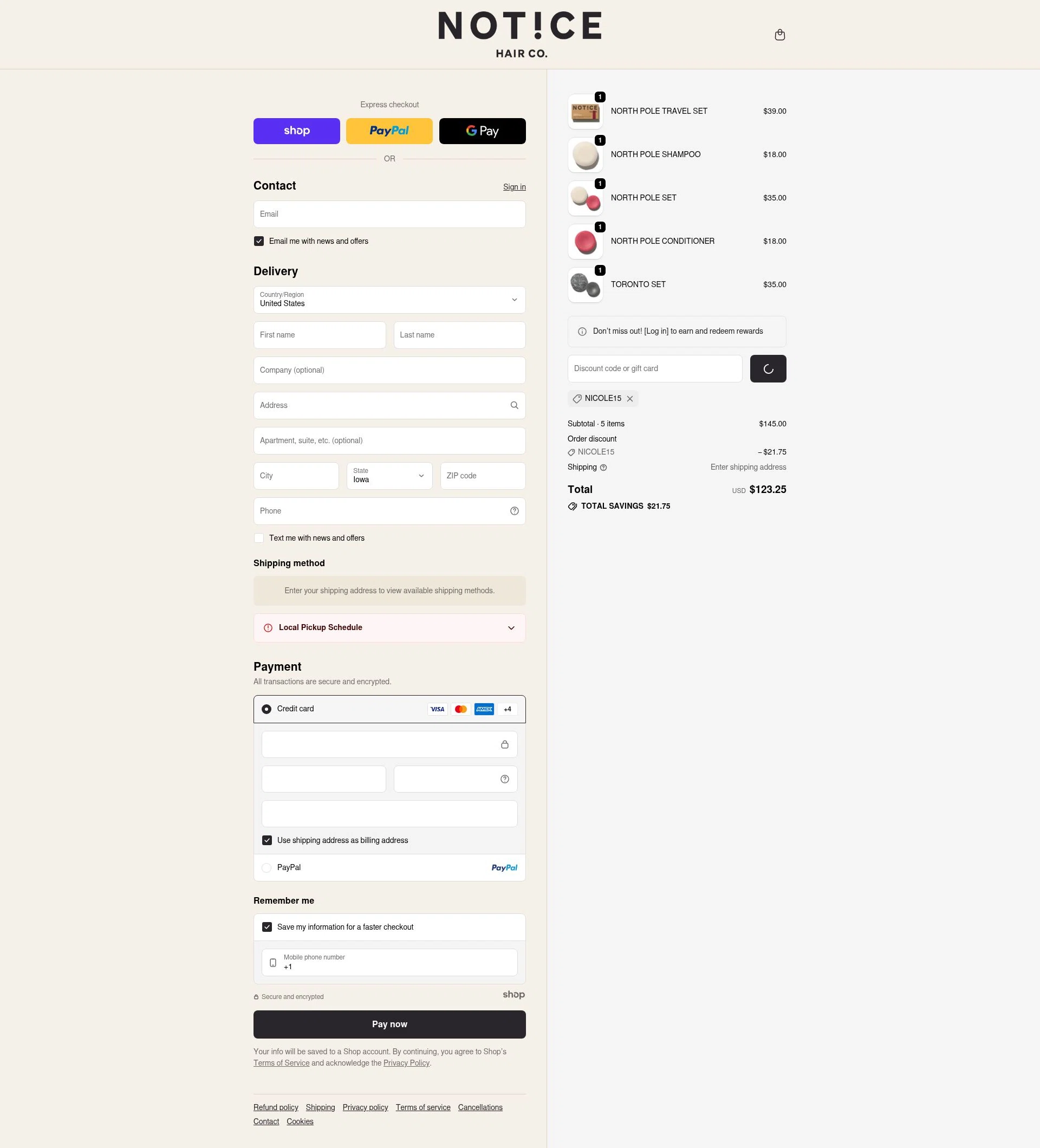 NOTICE Hair Co. checkout page showing NOTICE Hair Co. promo code box | Screenshot taken by SimplyCodes community member on Dec 17, 2025