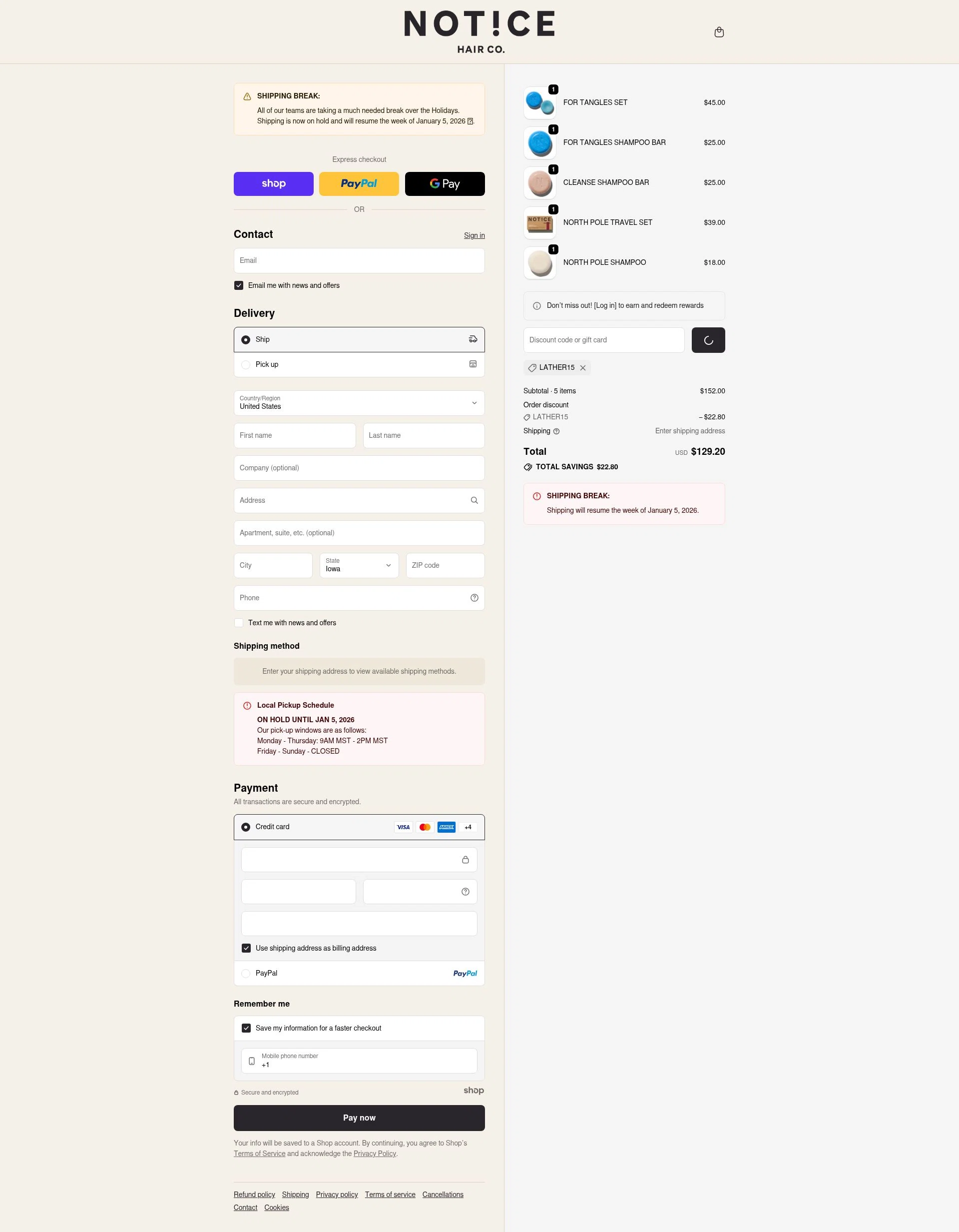 NOTICE Hair Co. checkout page showing NOTICE Hair Co. promo code box | Screenshot taken by SimplyCodes community member on Dec 24, 2025